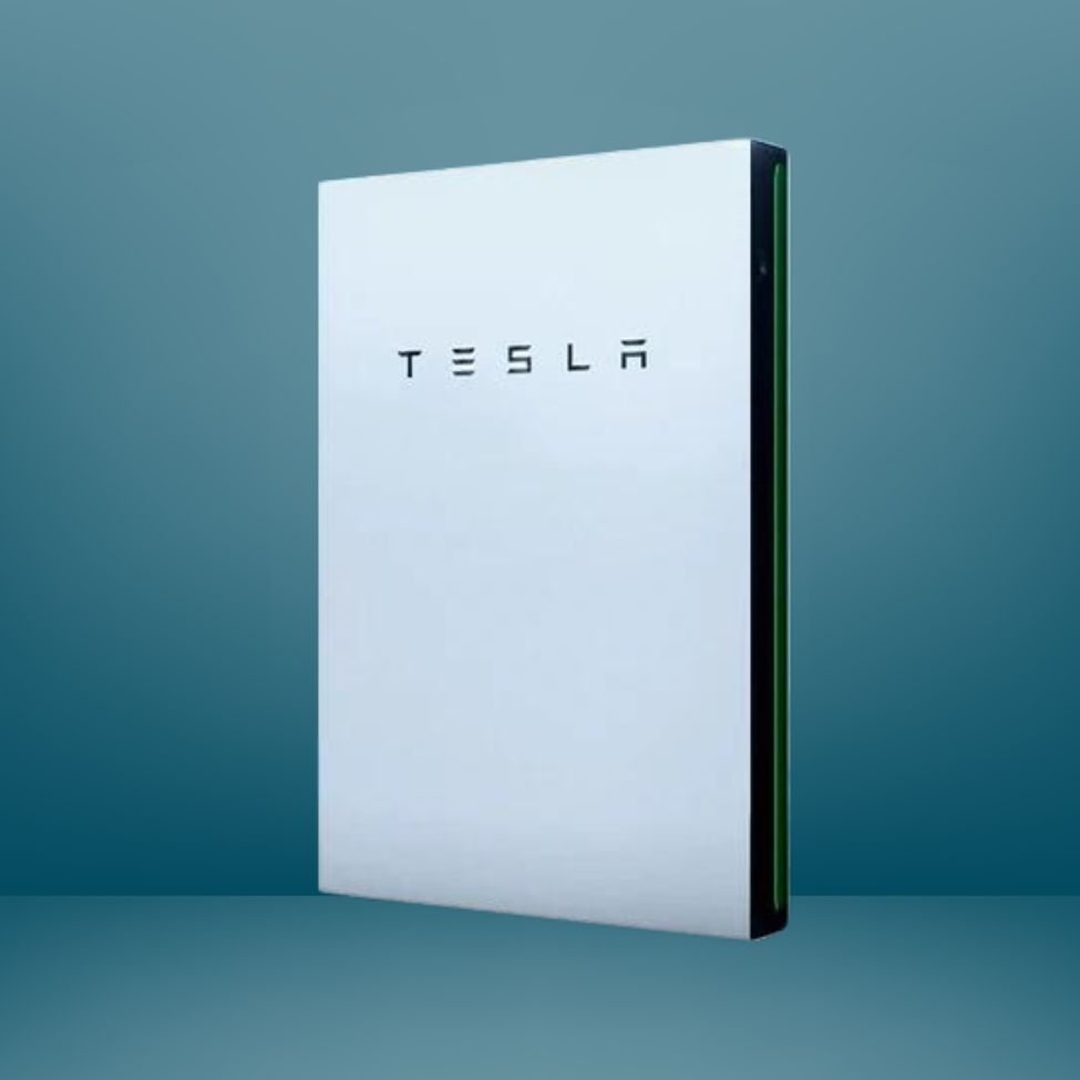 A sleek, white rectangular device with the word "Tesla" written in the center in black capital letters. The device is set against a smooth, gradient teal background, giving it a modern and minimalist appearance.