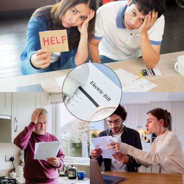 A collage of three images shows people stressed over bills. The top image features a couple holding a "HELP" sign. The bottom left depicts an older man holding his head while reading a bill. The bottom right shows a young couple anxiously reviewing documents, highlighting the need for New Yorker Solar solutions.