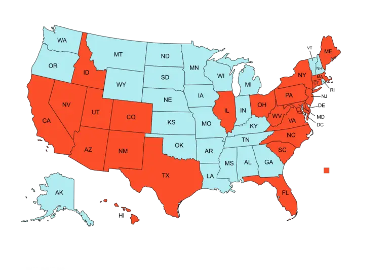 USA map colored in light blue and red